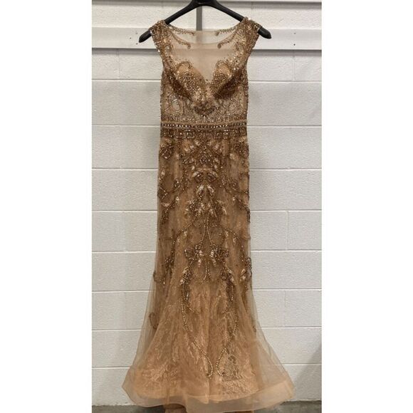 TERANI COUTURE WOMENS MOCHA BEADED LACE MERMAID GOWN  SIZE 14 NWT - Picture 8 of 13
